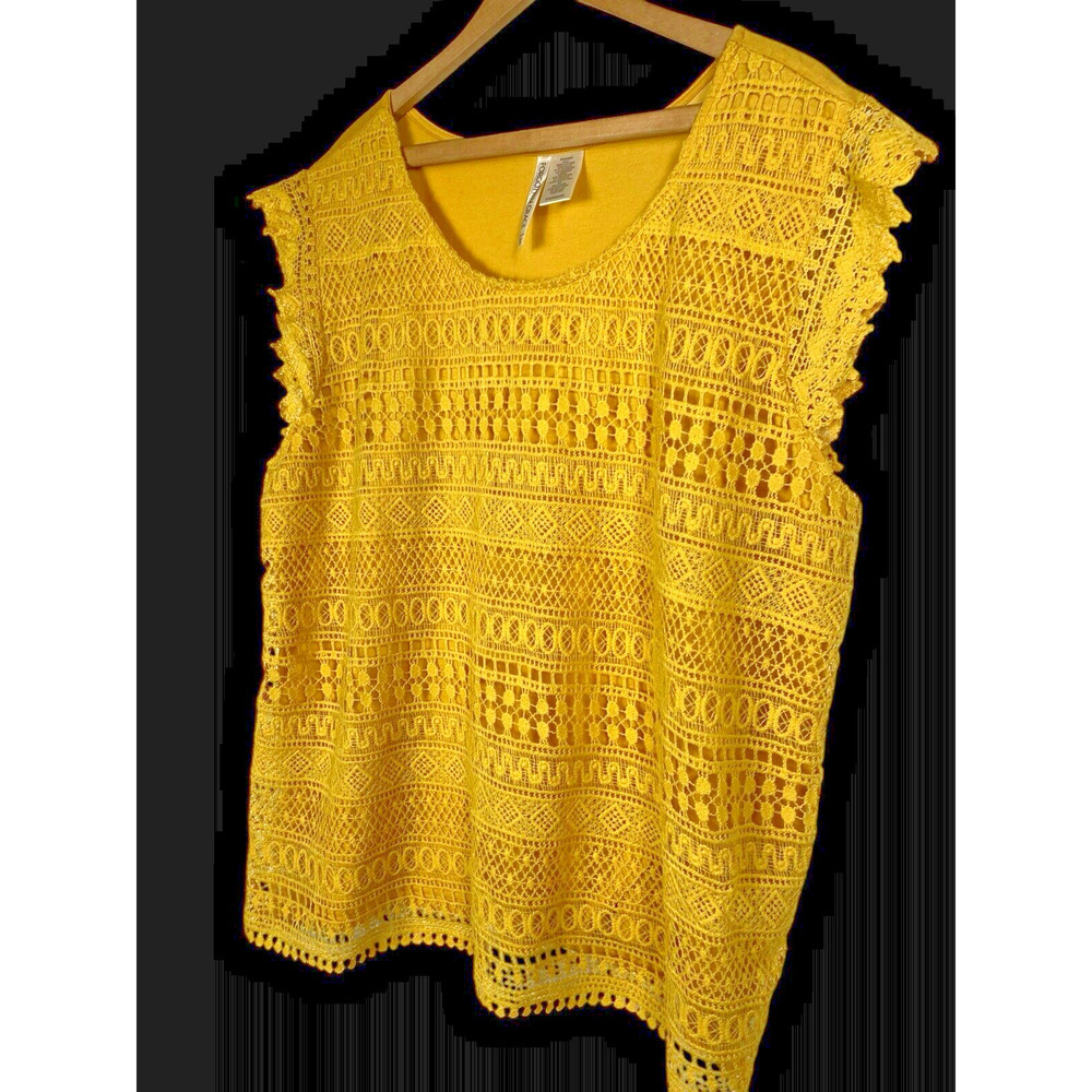 Tunic Tank Top Size 3X Yellow Gold Crochet Lace Eyelet Overlay Cottagecore Boho